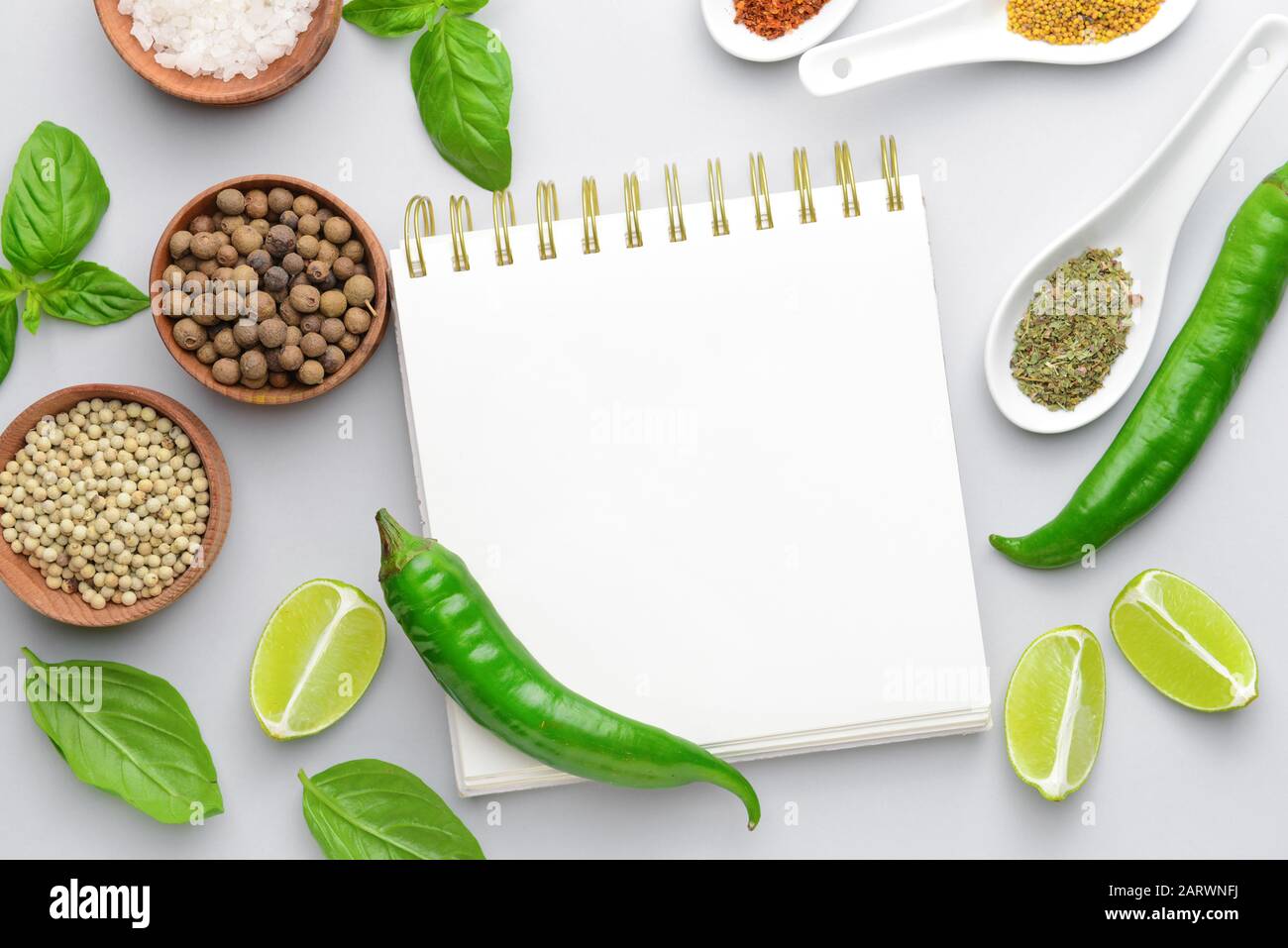 Empty notebook with different spices on white background Stock Photo