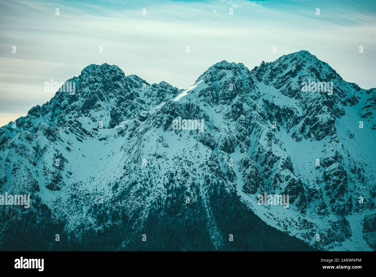 Panoramic shot of snow covered jagged mountain peaks with alpine trees ...