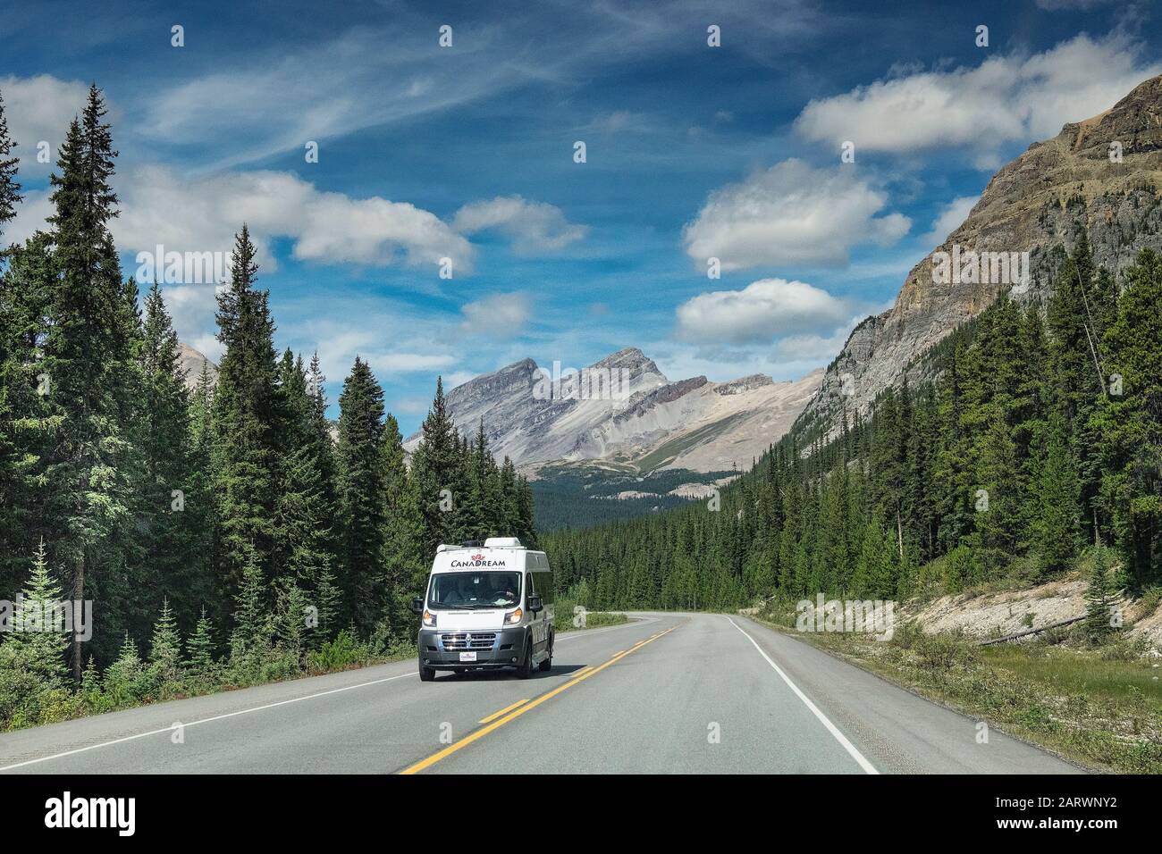 Canadream Tour Rental RV driving the Icefields Parkway Highway 93, Banff National Park, Alberta, Canadian Rockies, Canada Stock Photo