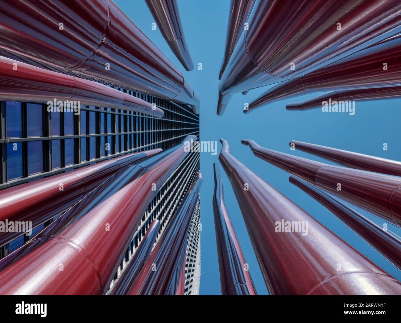 The X Condominium Building and Red Double Vision Art Sculpture, 110 Charles St East, Toronto, Canada Stock Photo