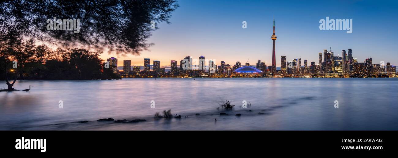 Toronto Skyline at night across Lake Ontario, from Toronto Islands Park, Toronto, Ontario, Canada Stock Photo
