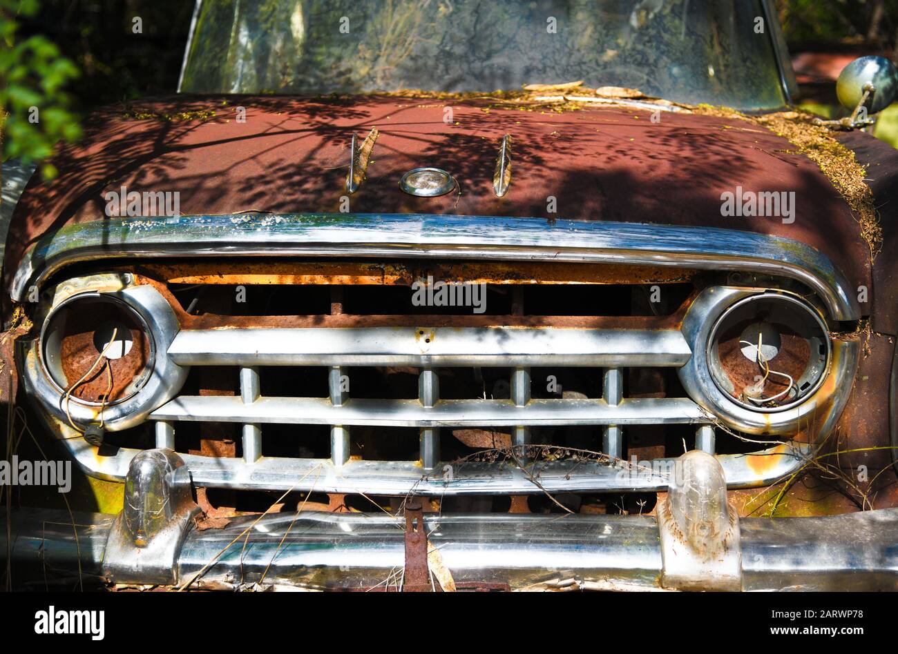 Close-up Image of the Front of an Old Scrap Truck in a Junk Yard Stock Photo