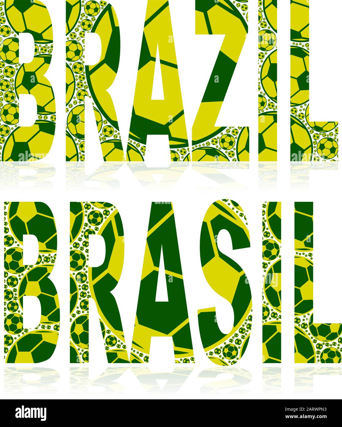 Concept illustration showing the word Brazil (with its equivalent Brasil in the country's Portuguese language) made up of green and yellow soccer ball Stock Vector