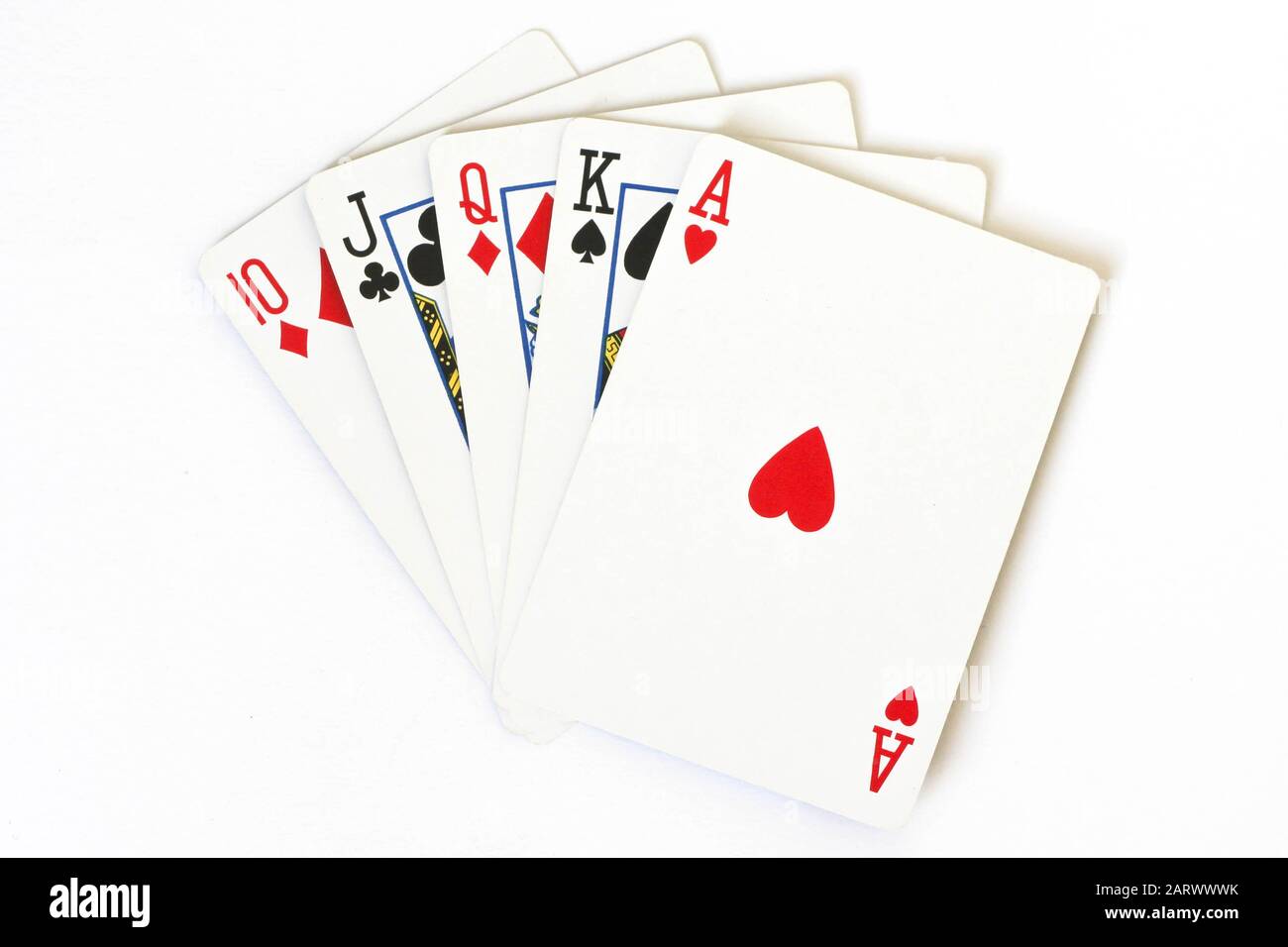 A straight poker hand with playing cards, different suits Stock Photo