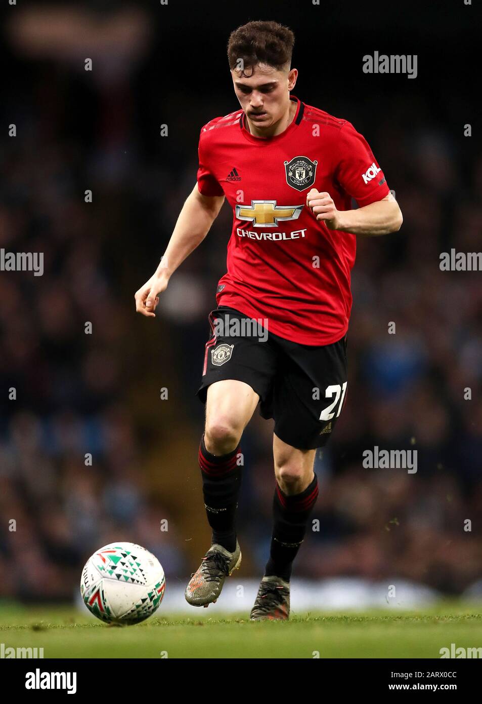 Manchester United's Daniel James during the Carabao Cup Semi Final, second leg match at the Etihad Stadium, Manchester. Stock Photo