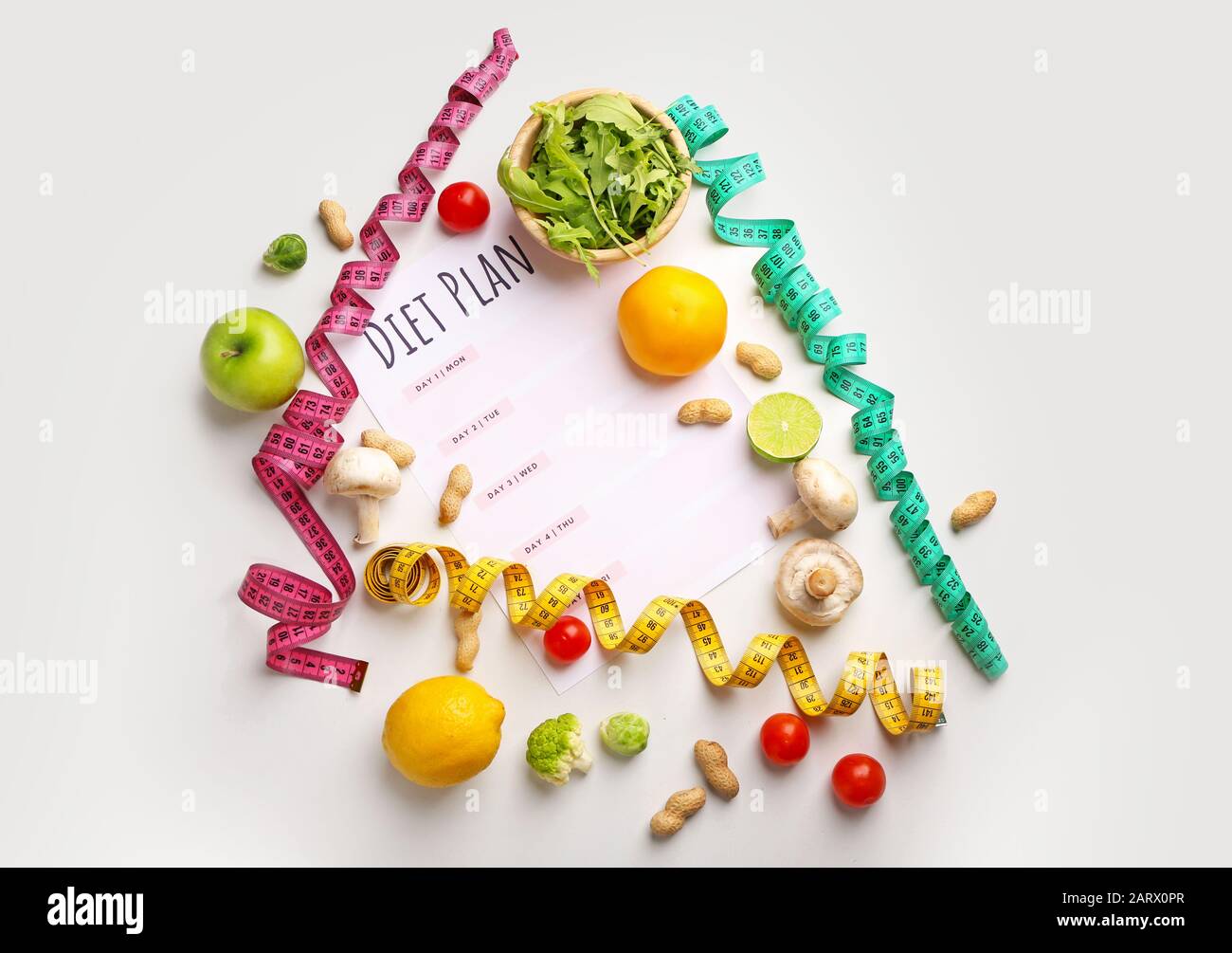 Sheet of paper with diet plan, measuring tapes and healthy products on ...