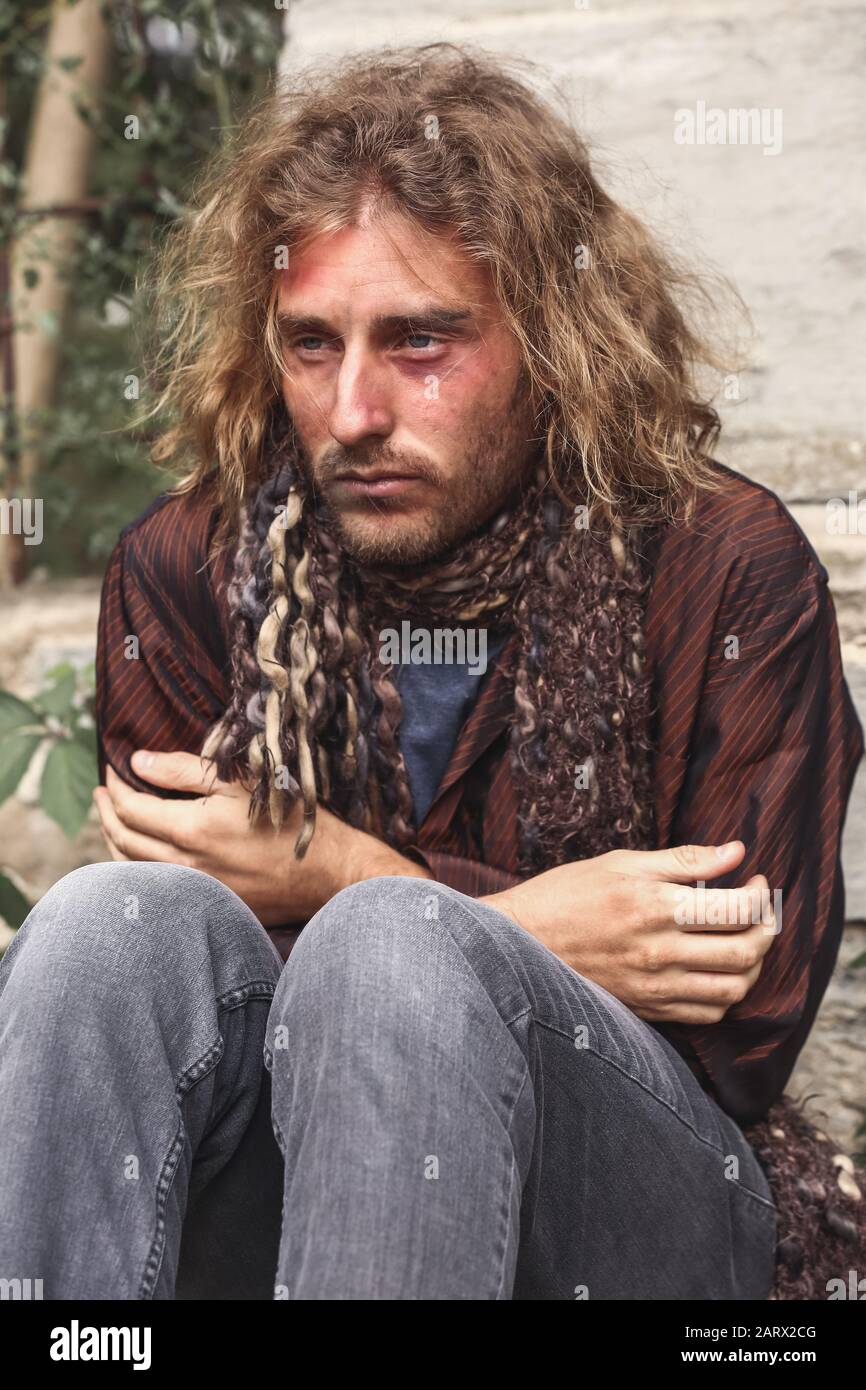 Portrait Of Poor Homeless Man Outdoors Stock Photo Alamy