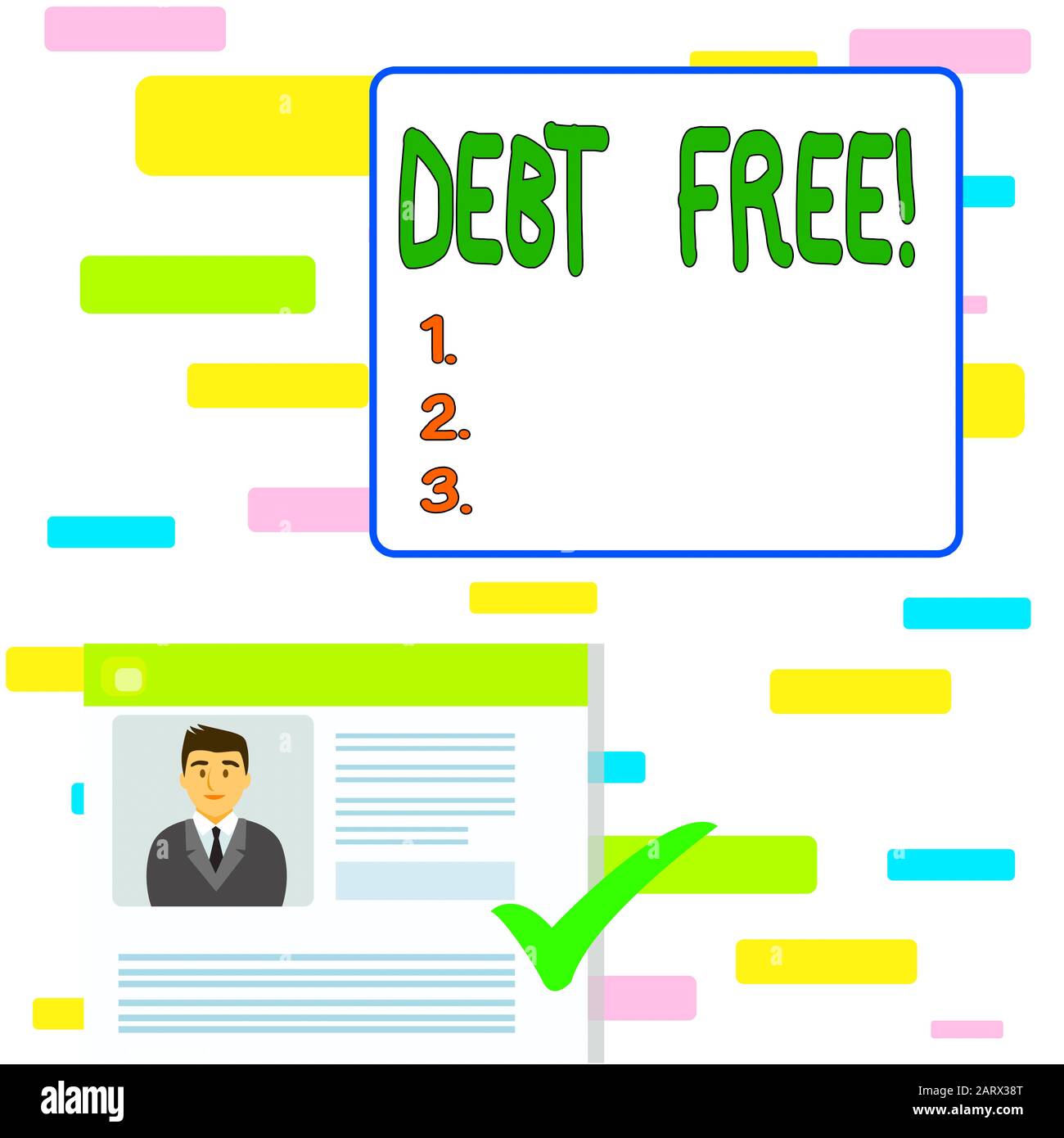 Writing note showing Debt Free. Business concept for does not owning any money to any individual or companies Curriculum Vitae Resume of Candidate Mar Stock Photo