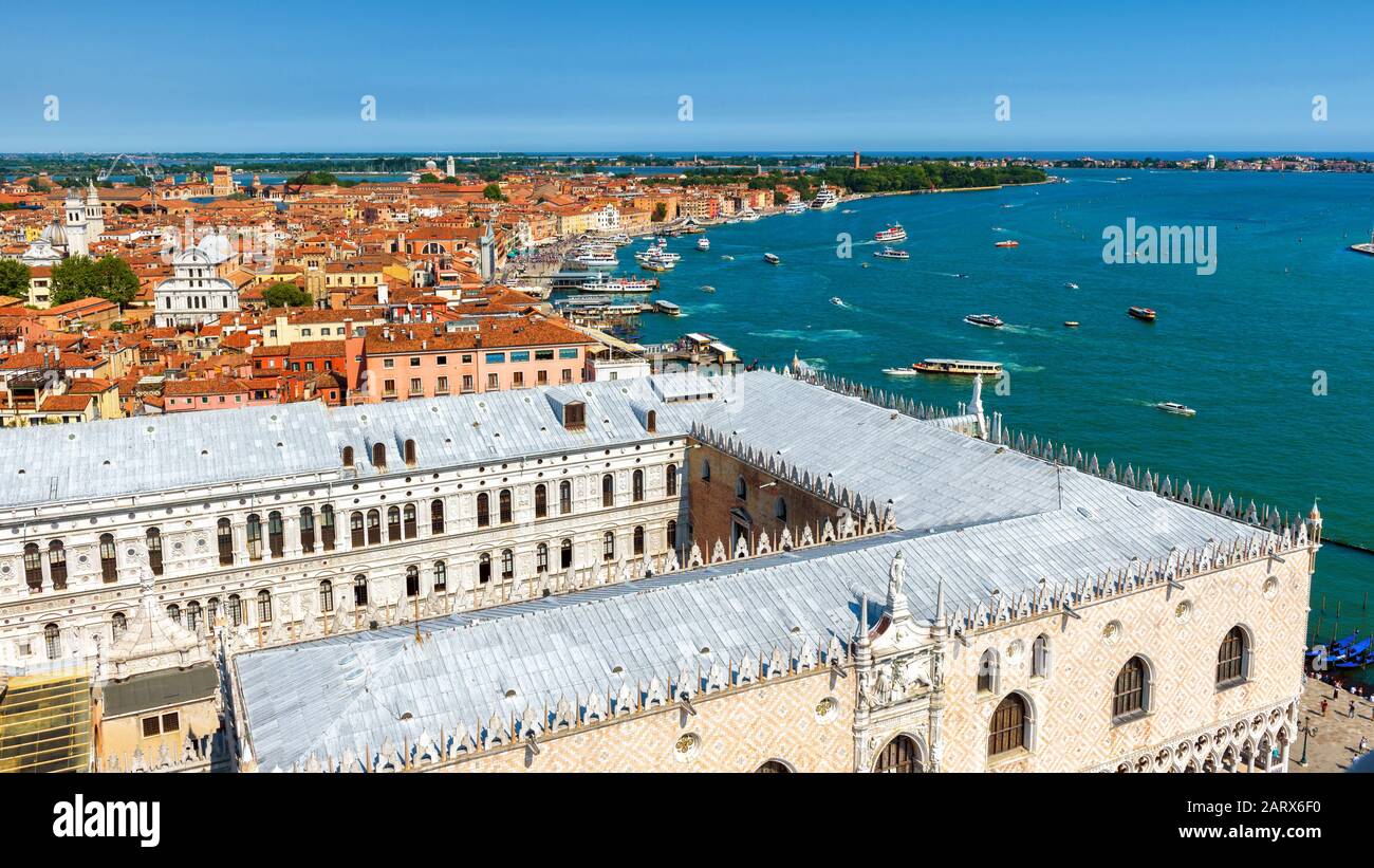 Doge's Palace or Palazzo Ducale, Venice, Italy. Venice skyline. Aerial panoramic view of Venice in summer. Beautiful panorama of Venice with the Adria Stock Photo