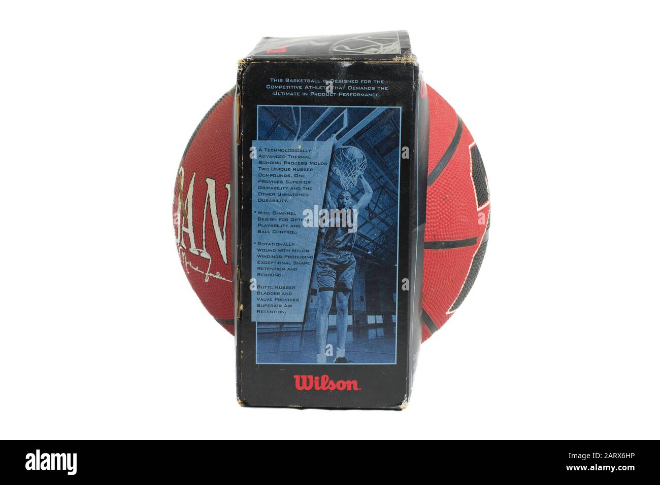 Dayton, OH- Jan 28, 2020: Side profile of a Wilson basketball bearing a young Michael Jordan Stock Photo