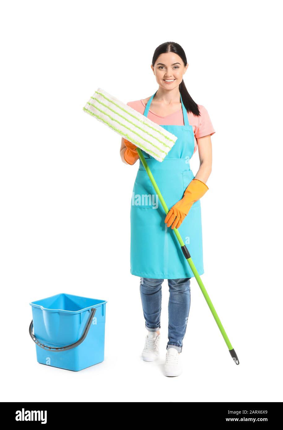 Female janitor with mop on white background Stock Photo Alamy
