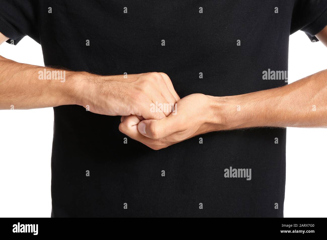 Young deaf mute man using sign language, closeup Stock Photo