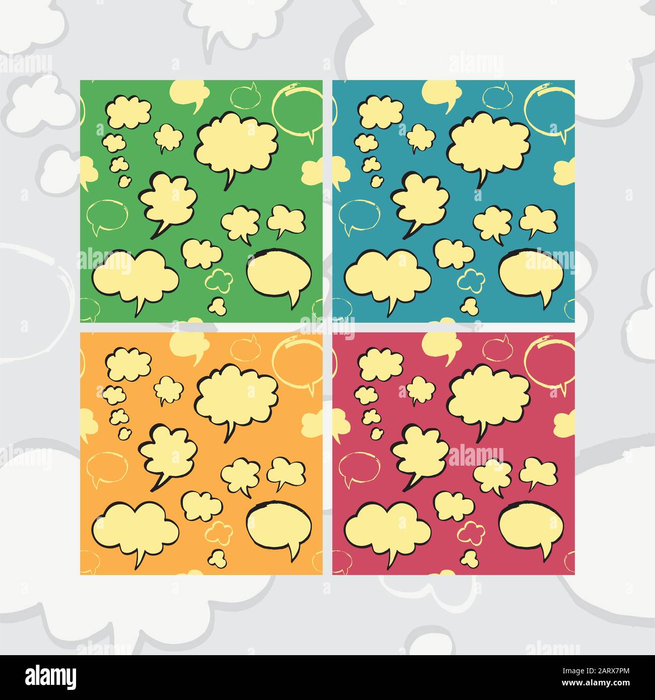 Set of seamless pattern with speech bubbles and thought clouds in cartoon style. Four color variants. Hand drawn by felt pen. Vector eps8 endless text Stock Vector