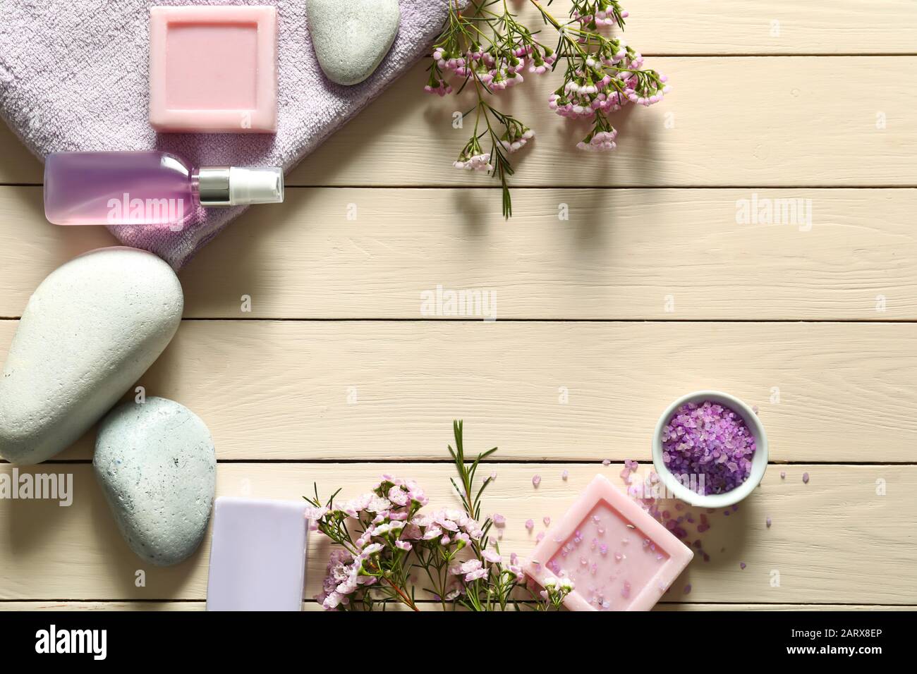 Composition with spa items on wooden table Stock Photo