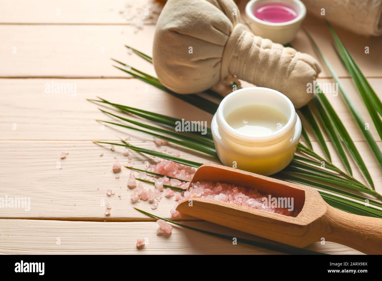 Composition with spa items on wooden background Stock Photo