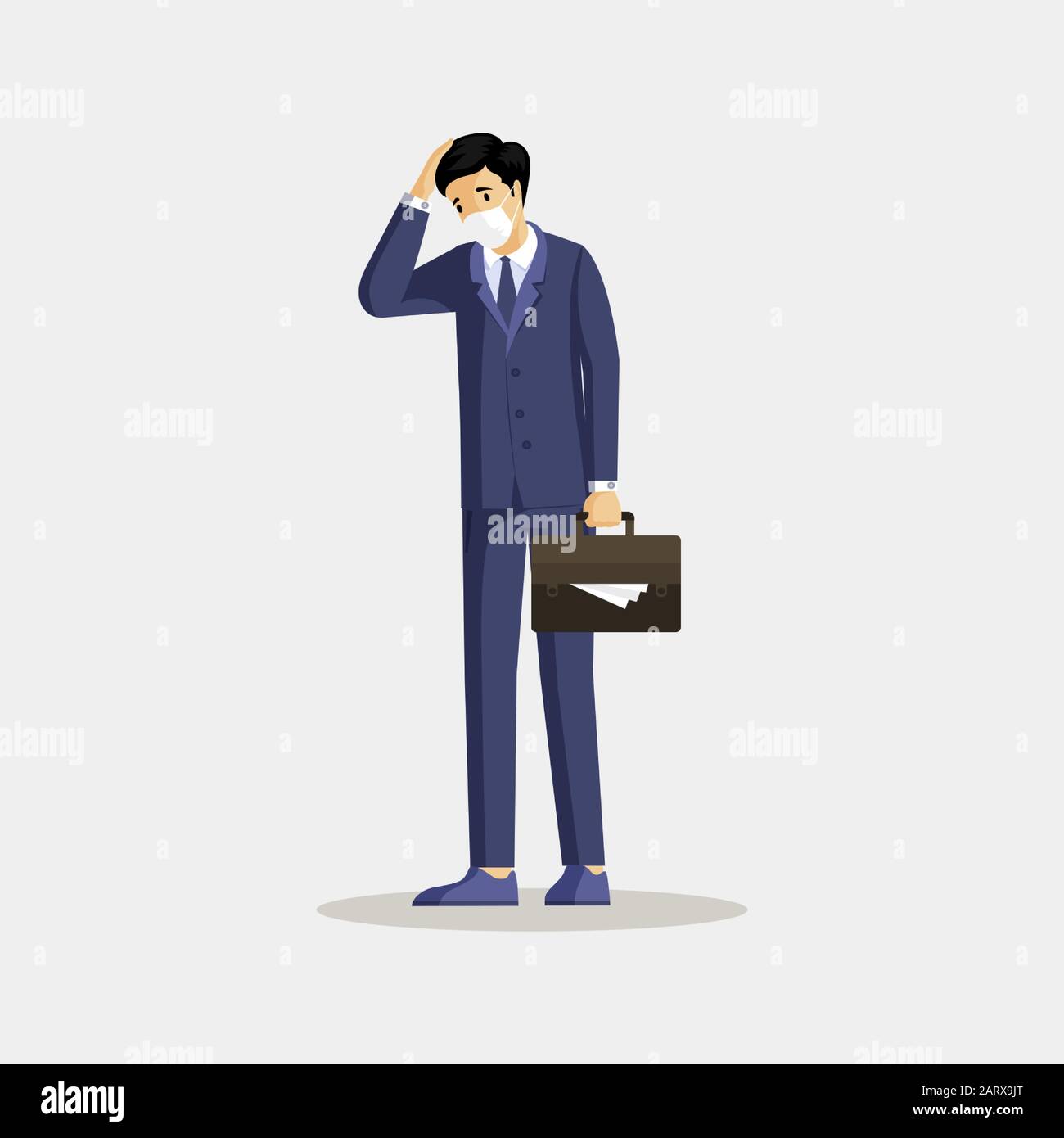 Businessman in respirator with headache illustration. Male worker feeling unhealthy, man wearing mask against smoke and dust isolated cartoon character. Industrial emissions health negative influence Stock Vector