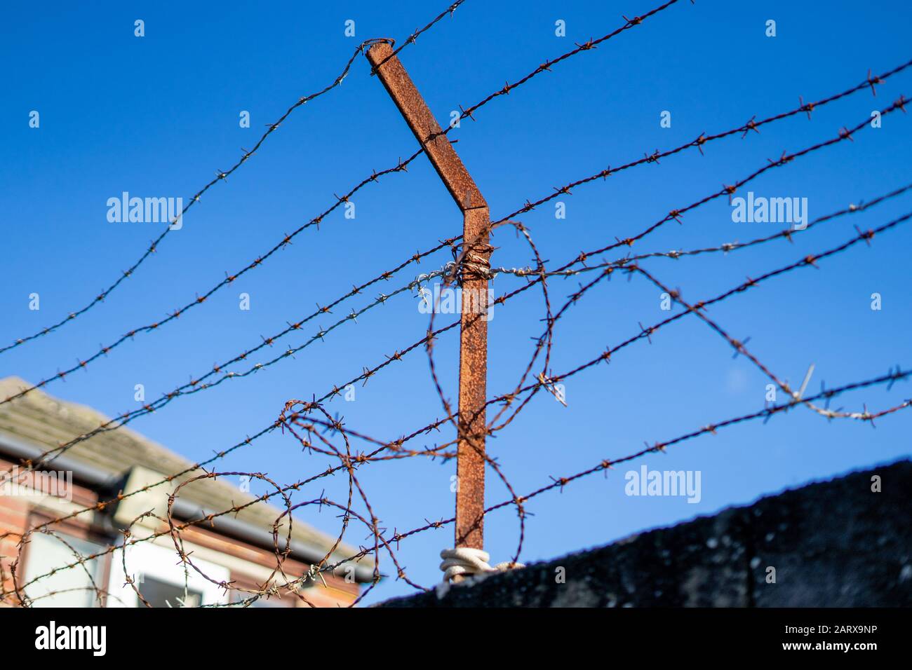 a old rusty barbed wire fence Stock Photo
