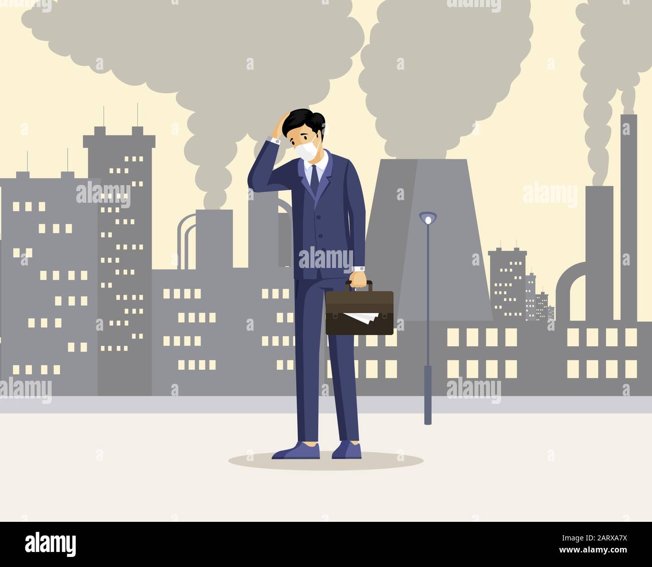 Man suffering from smog flat illustration. Male worker feeling unhealthy in polluted city, breathing dust, smoke cartoon character. Industrial emissions, urban contamination with dangerous pollutants Stock Vector