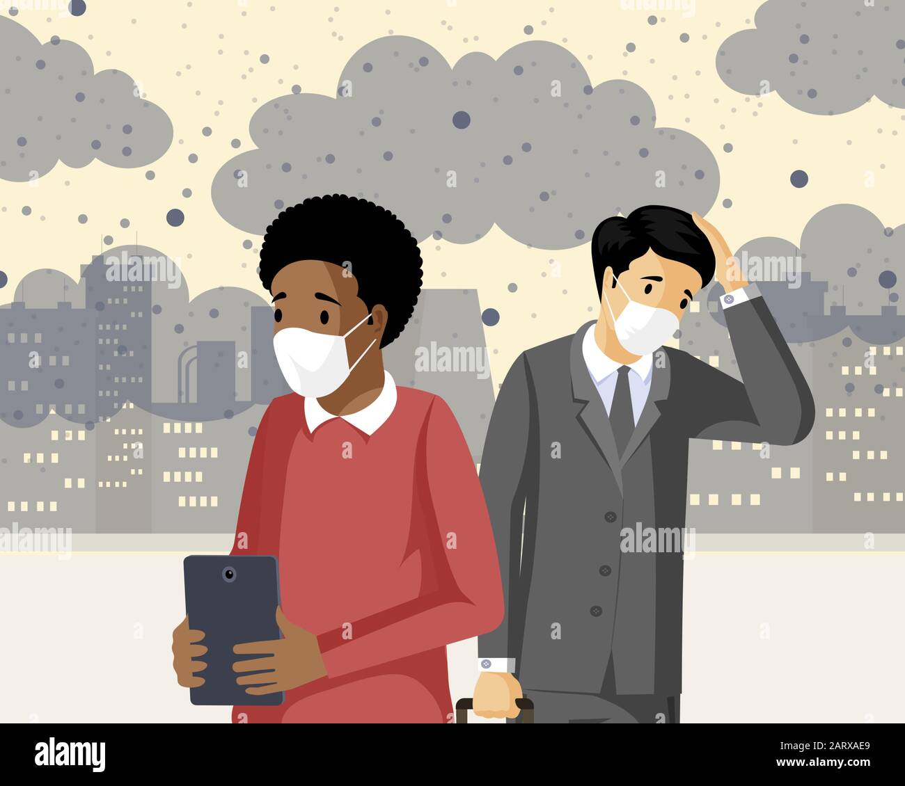People inhaling smog flat vector illustration. Industrial emissions, co2 negative health influence, polluted city with gas waste. Sad men suffering from toxic pollutants, having headache Stock Vector