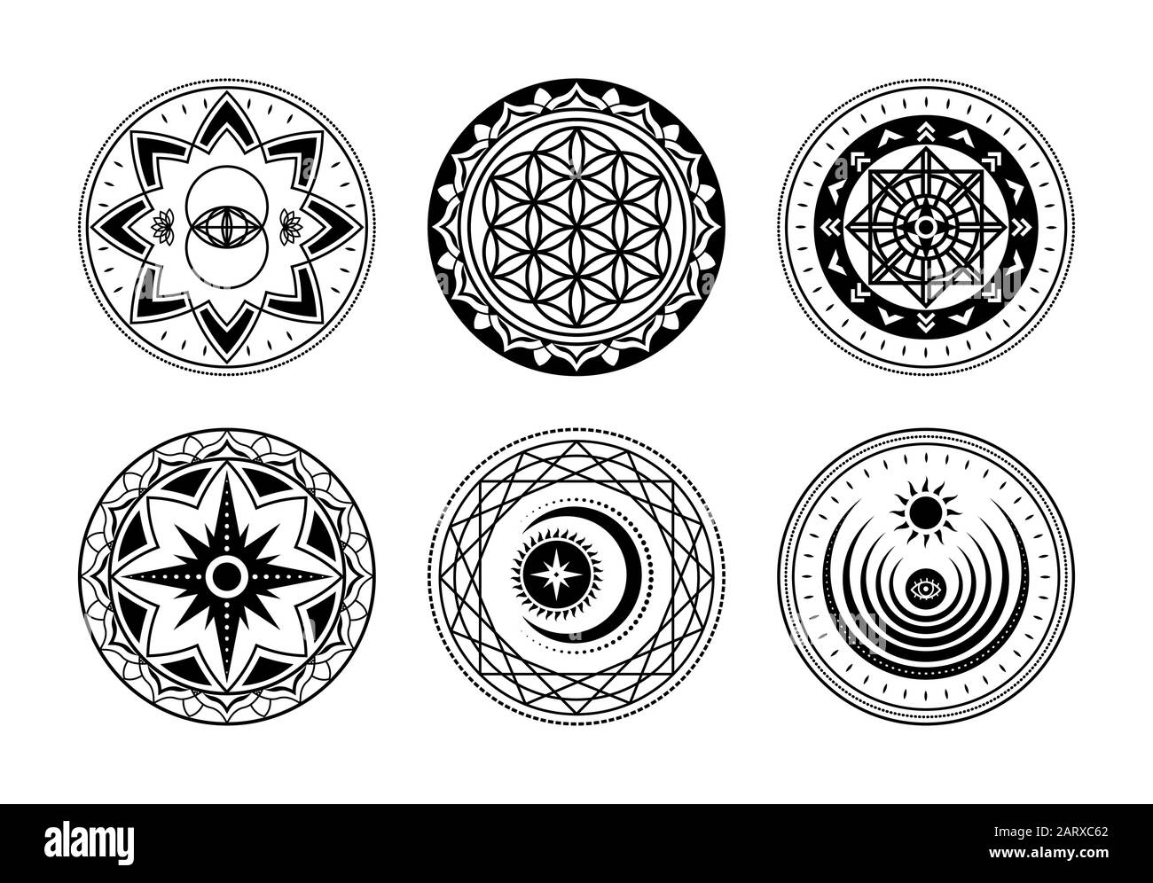 Set of Sacred Mystical Symbols. Vector Black Geometric Shapes. Magic Esoteric Signs Stock Vector