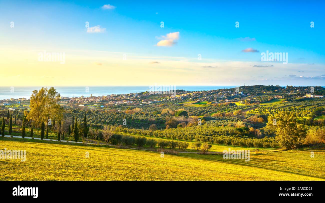 San Vincenzo travel destination and countryside view at sunset. Maremma, Livorno, Tuscany, Italy. Stock Photo