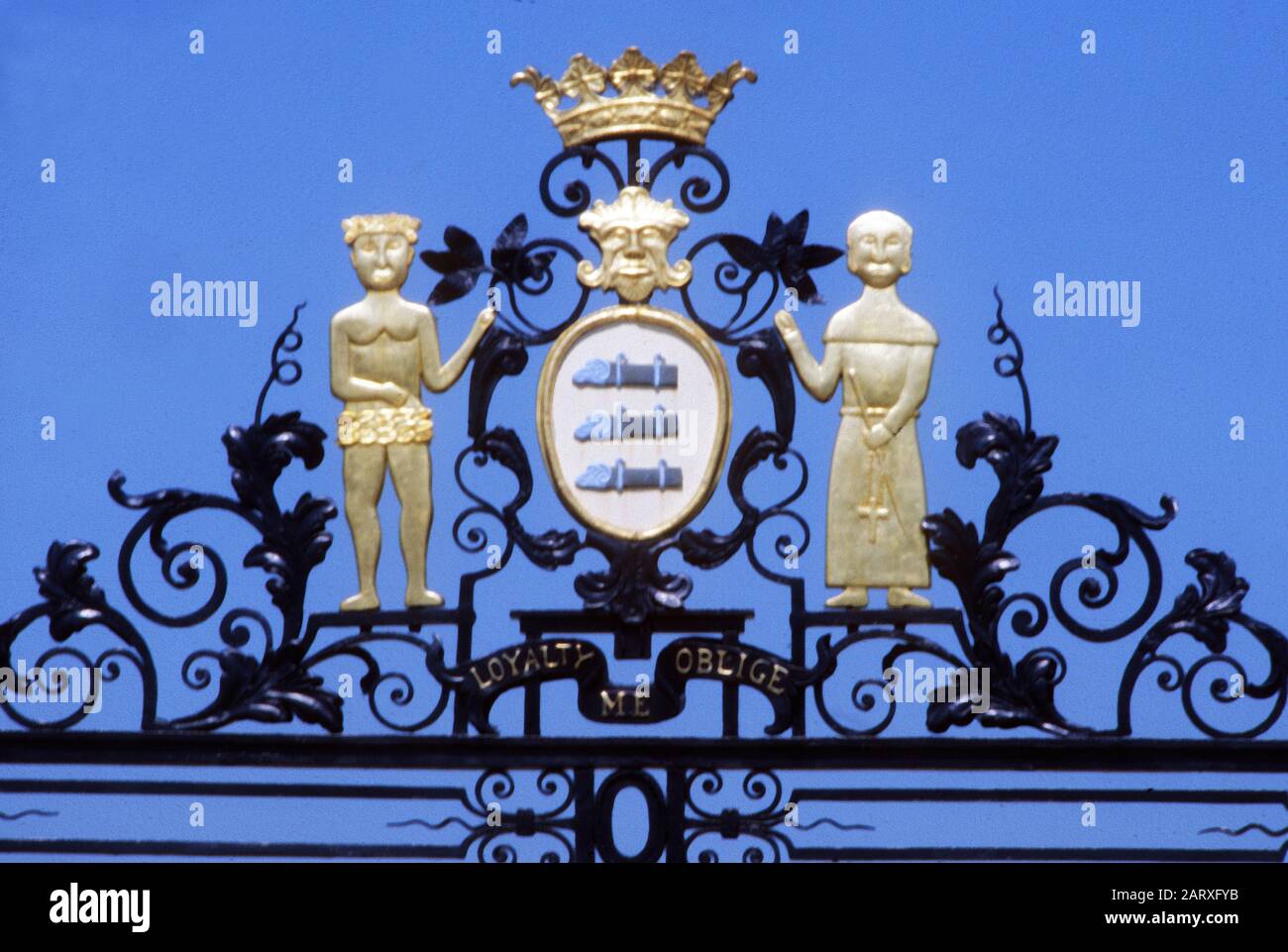 Detail from Grimsthorpe Castle Gates created for 1st Duke of Ancaster embellished with Bertie family crest Stock Photo