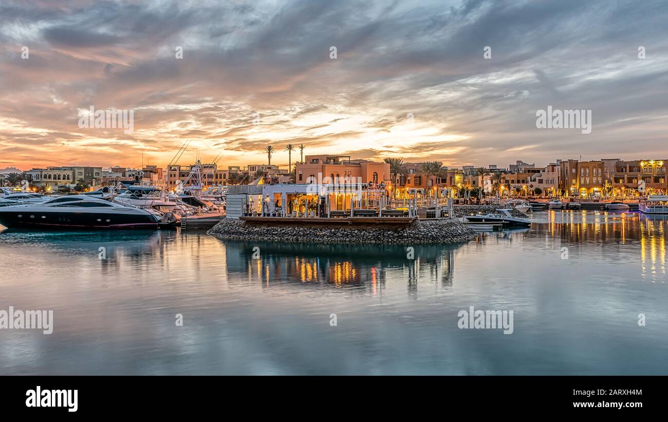 restaurant in the skyline in the tropical sunset at Abu tig marina in el Gouna, Egypt, January 14, 2020 Stock Photo