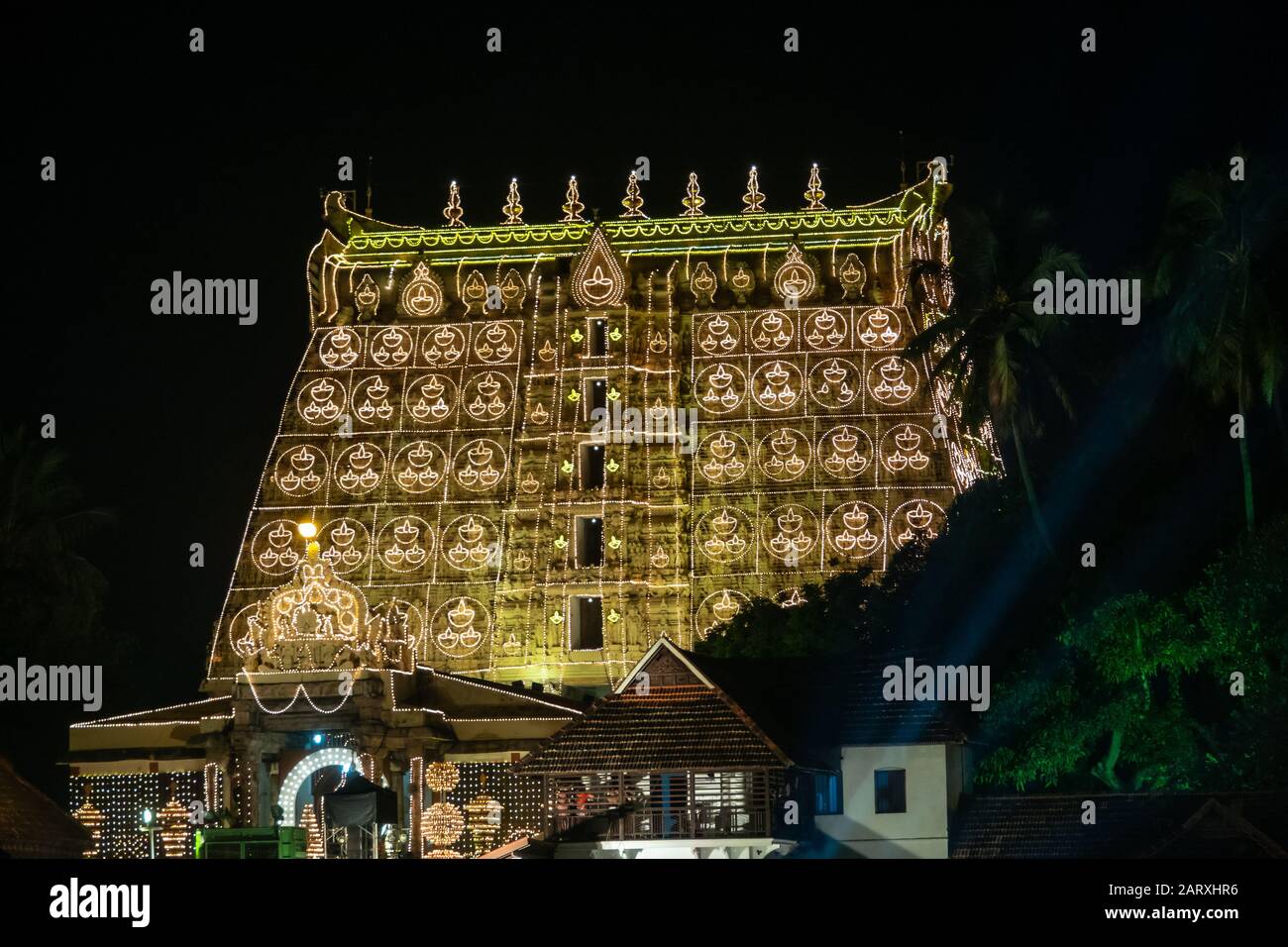 sree padmanabhaswamy temple and padmatheertham pond during lakshadeepam ceremony ,thiruvananthapuram,kerala,india Stock Photo
