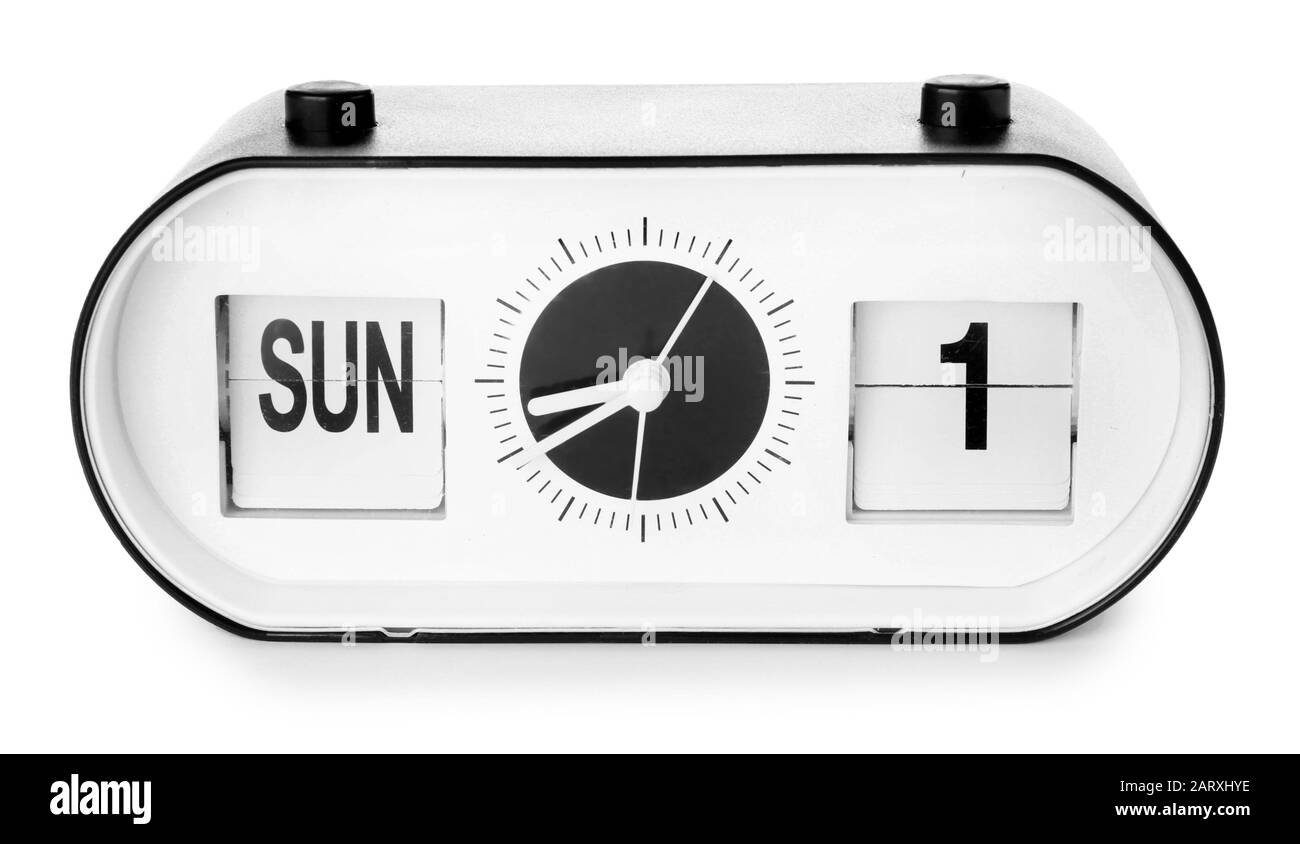 Stylish alarm clock on white background Stock Photo Alamy