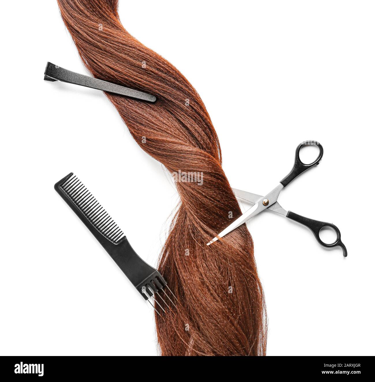 Hair Strand And Hairdresser S Tools On White Background Stock