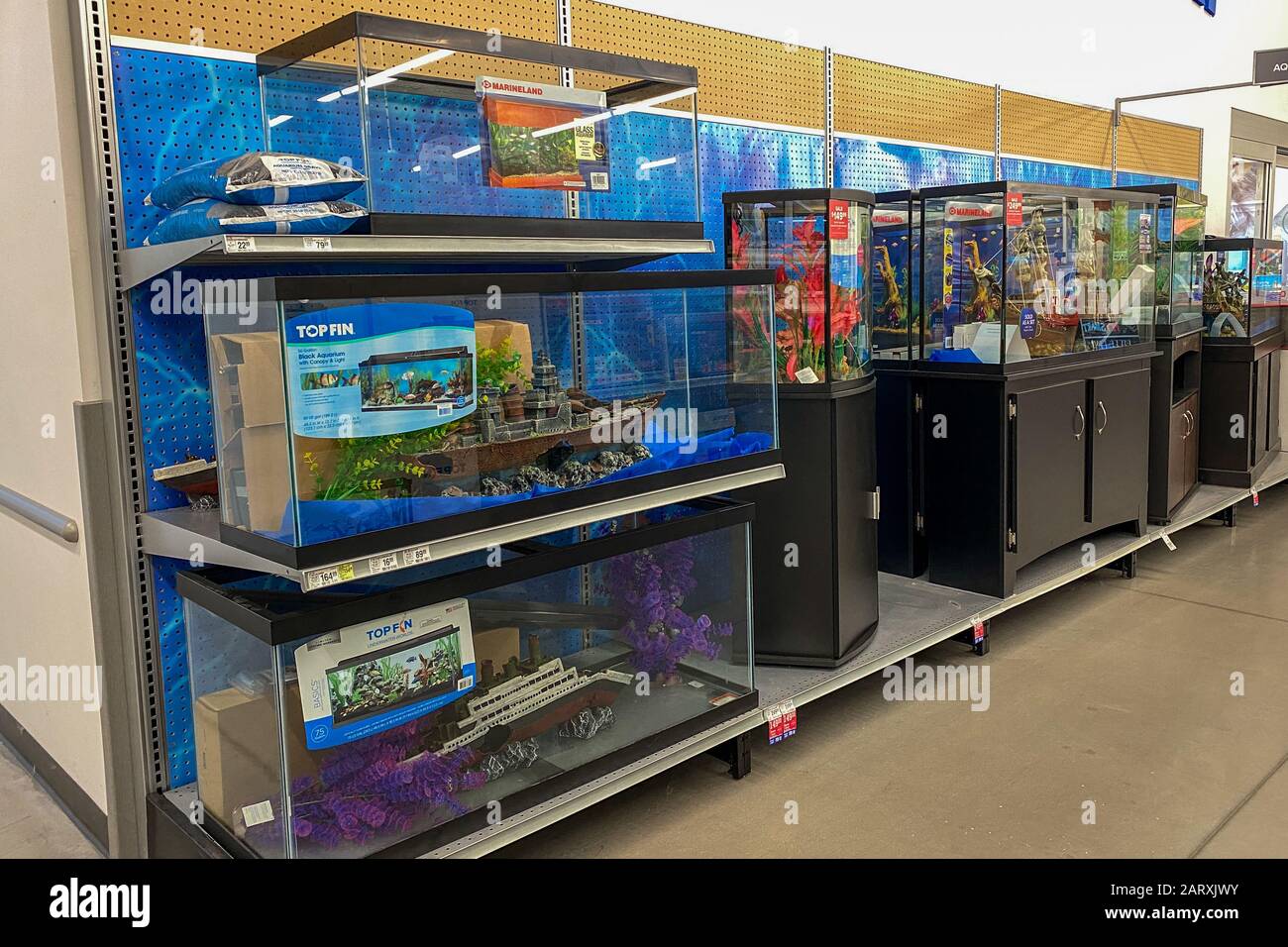 Orlando, FL/USA-1/29/20: Aquariums for pet fish, reptiles, and rodents on sale at a Petsmart pet superstore. Stock Photo