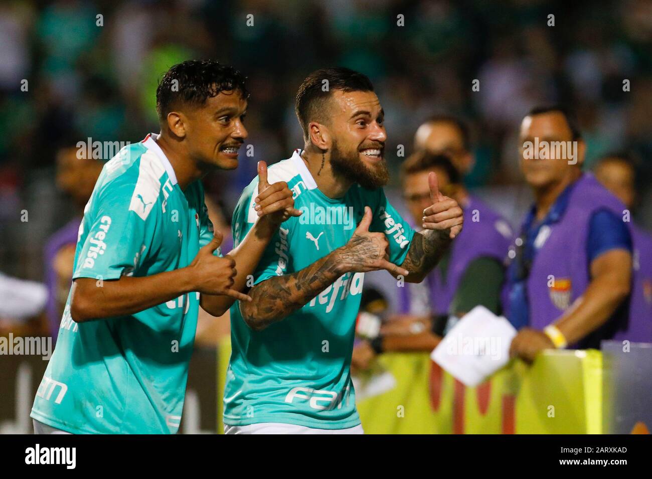 SÃO PAULO, SP - 29.01.2020: PALMEIRAS X OESTE - Gustavo Scarpa and Lucas Lima celebrate Palmeiras' firstl oal during a game between Palmeiras x Oeste held at the Pacaembu Stadium, Weste of São Paulo, SP. The MatcMatch is valid for the 3rd round of the Paulista 2020 Championship. (Photo: Ricardo Moreira/Fotoarena) Stock Photo