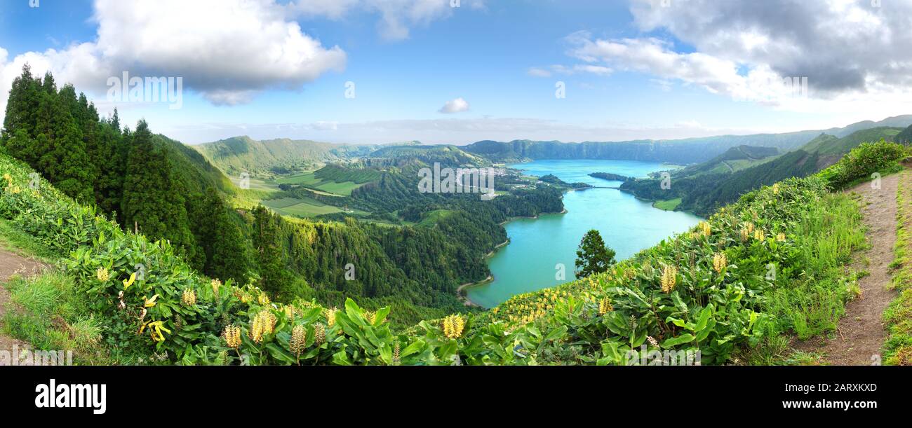 Panorama of the volcanic caldera at Sete Cidades on São Miguel in the Azores. The Azul and Verde lakes show their blue and green waters. Stock Photo