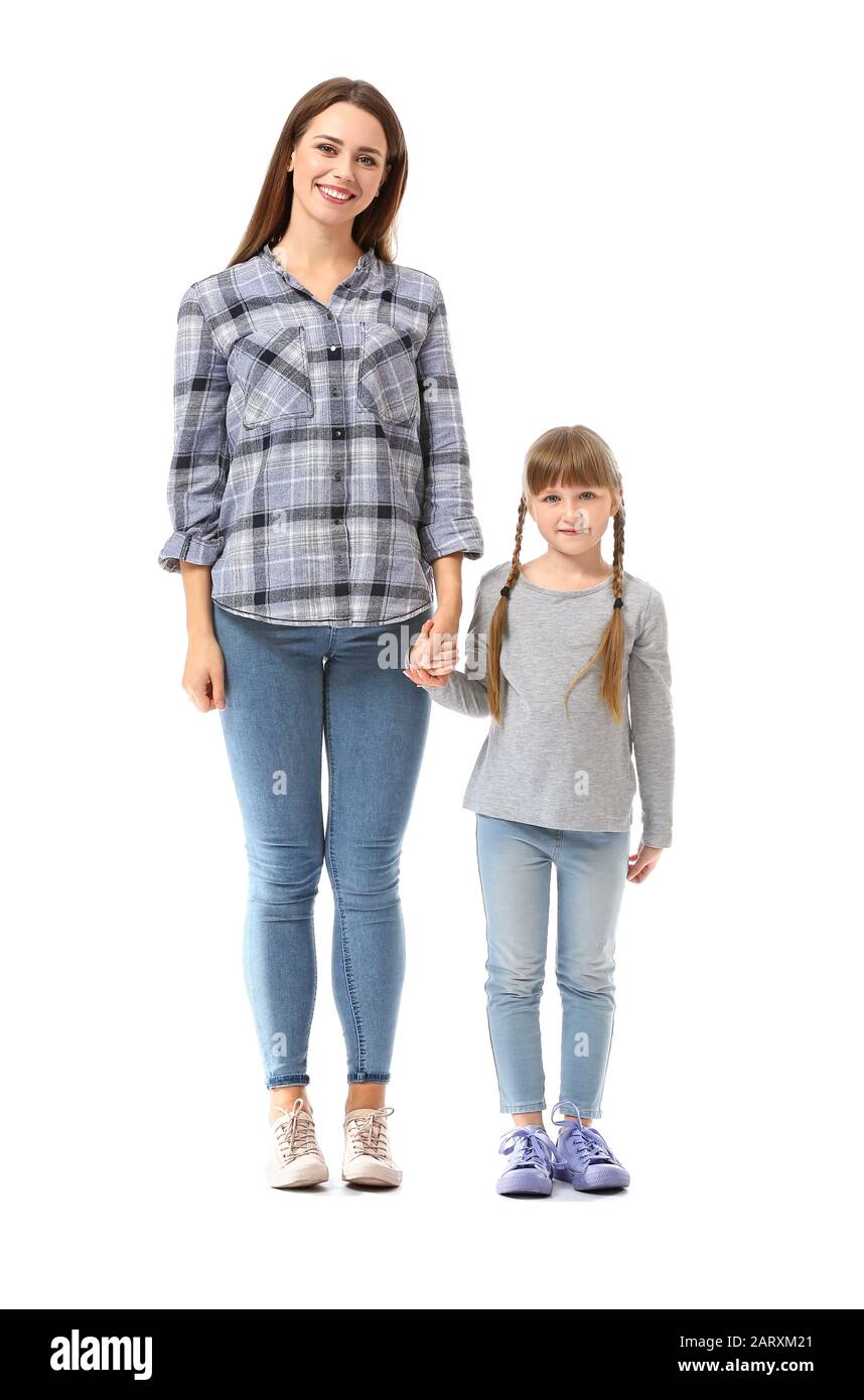 Portrait of happy mother and daughter on white background Stock Photo ...