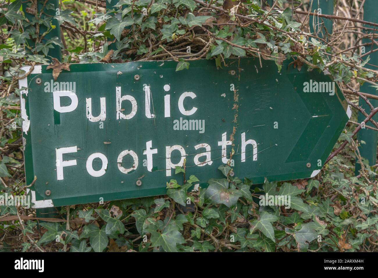 Tatty old green footpath sign which has seen better days, in Cornwall hedgerow. For country walks, finding your way, sense of direction, right of way. Stock Photo
