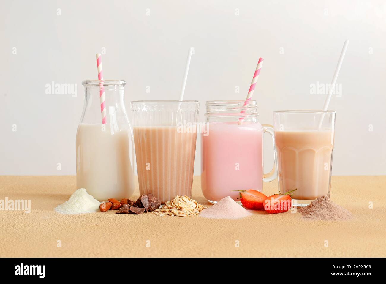 Assortment of protein shakes on table Stock Photo