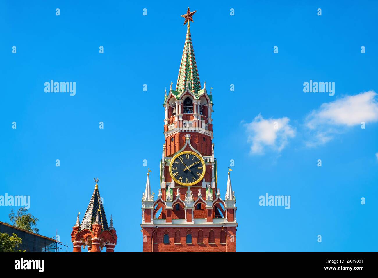 The famous Spasskaya tower of Moscow Kremlin, Russia. The Moscow Kremlin is the residence of the Russian president and the main tourist attraction of Stock Photo