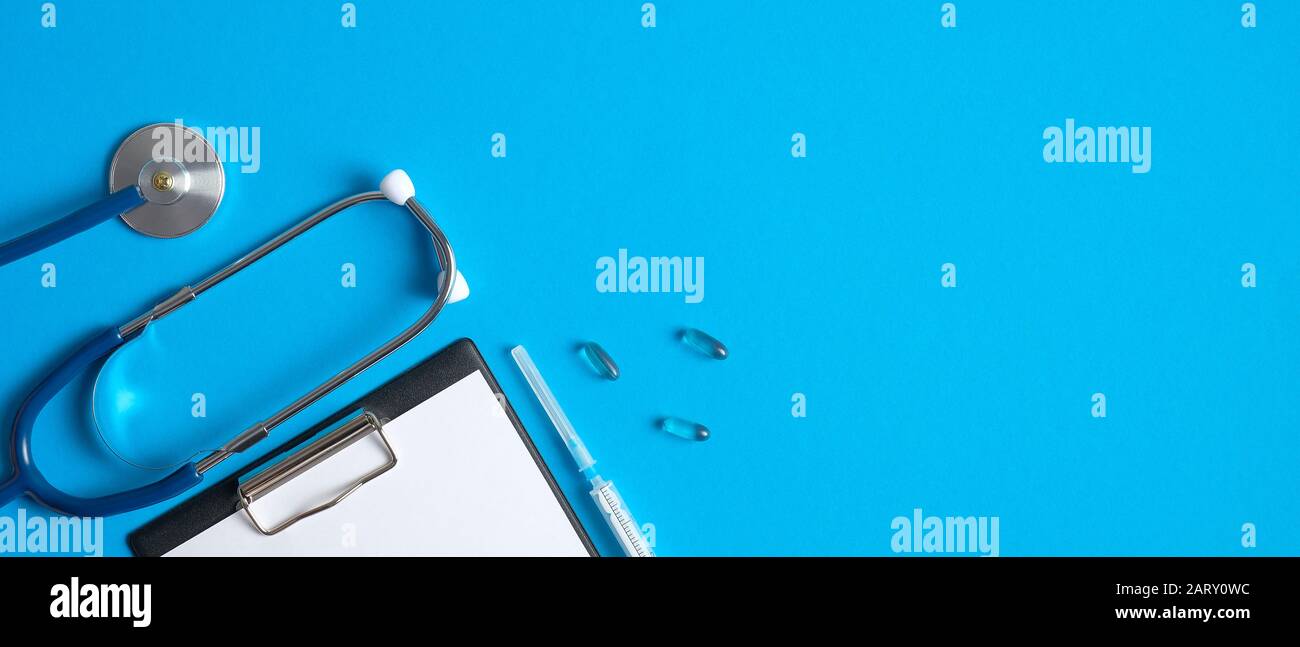Pediatric Medical Instrument On Blue Background Top View
