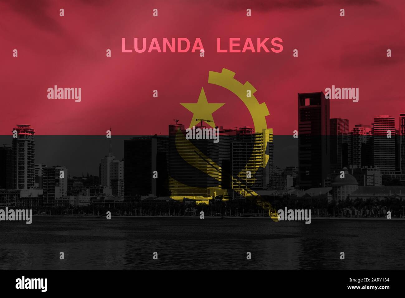 Sequence of Bay of Luanda or Marginal de Luanda with Angolan flag superimposed. Caption regarding corruption in Angola Stock Photo