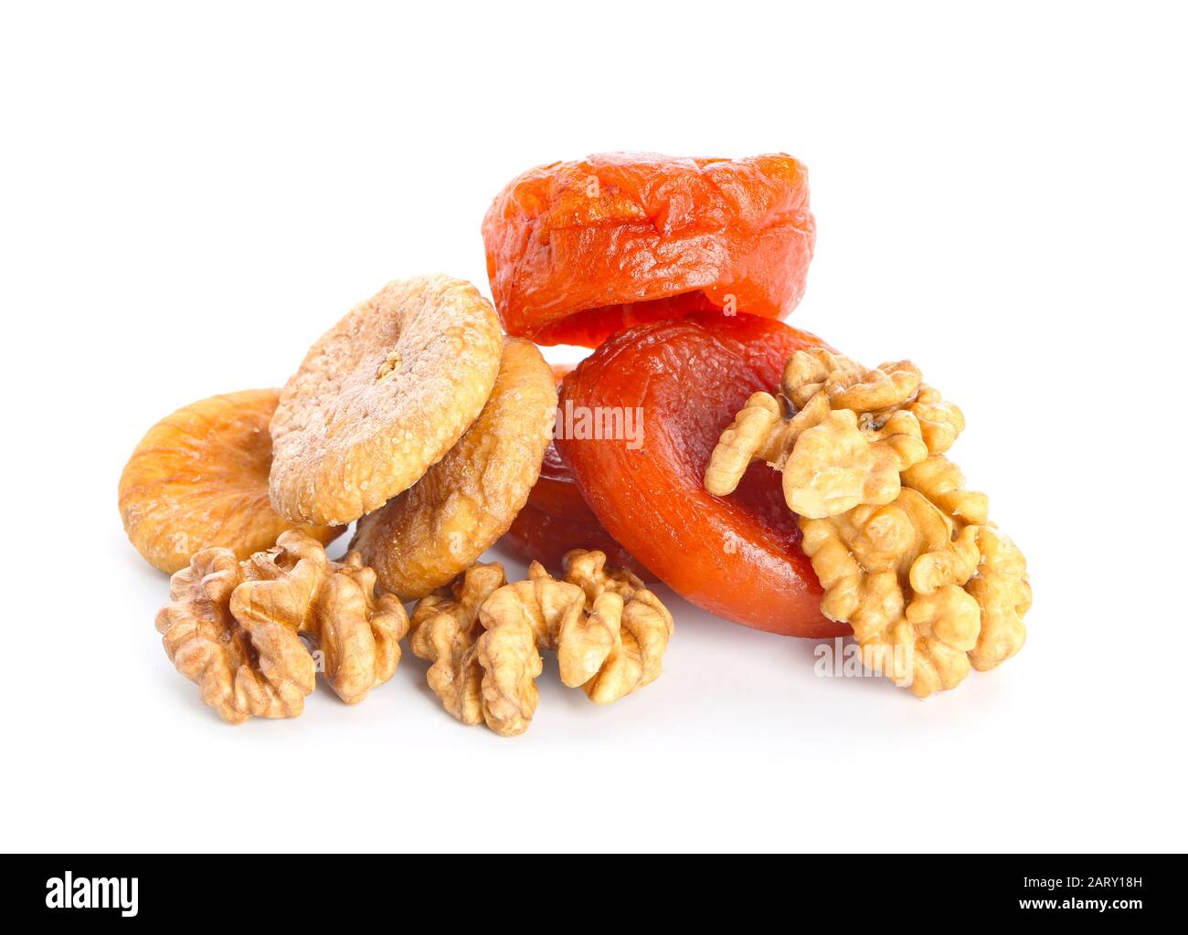 Different dried fruits and nuts on white background Stock Photo