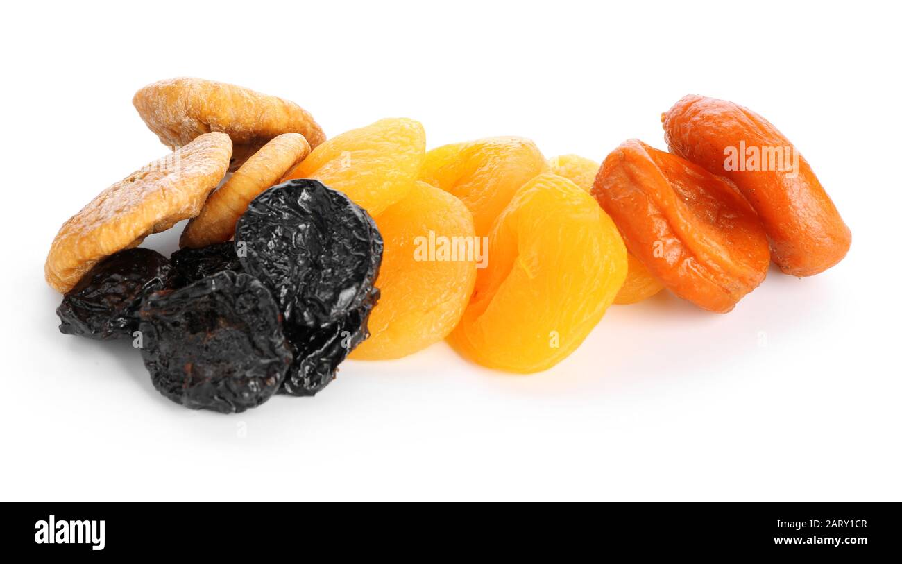 Different dried fruits on white background Stock Photo