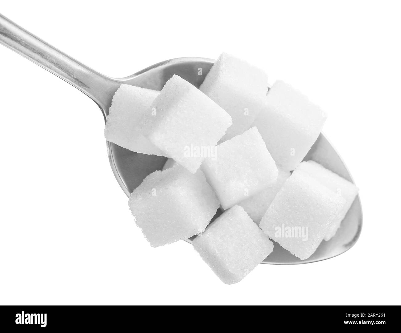 Spoon with sugar on white background Stock Photo Alamy