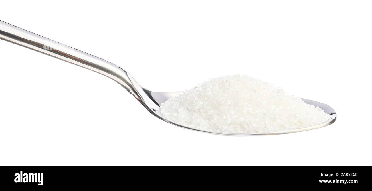 Spoon with sugar on white background Stock Photo Alamy