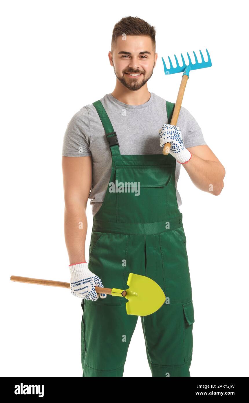 Handsome male gardener with tools on white background Stock Photo - Alamy