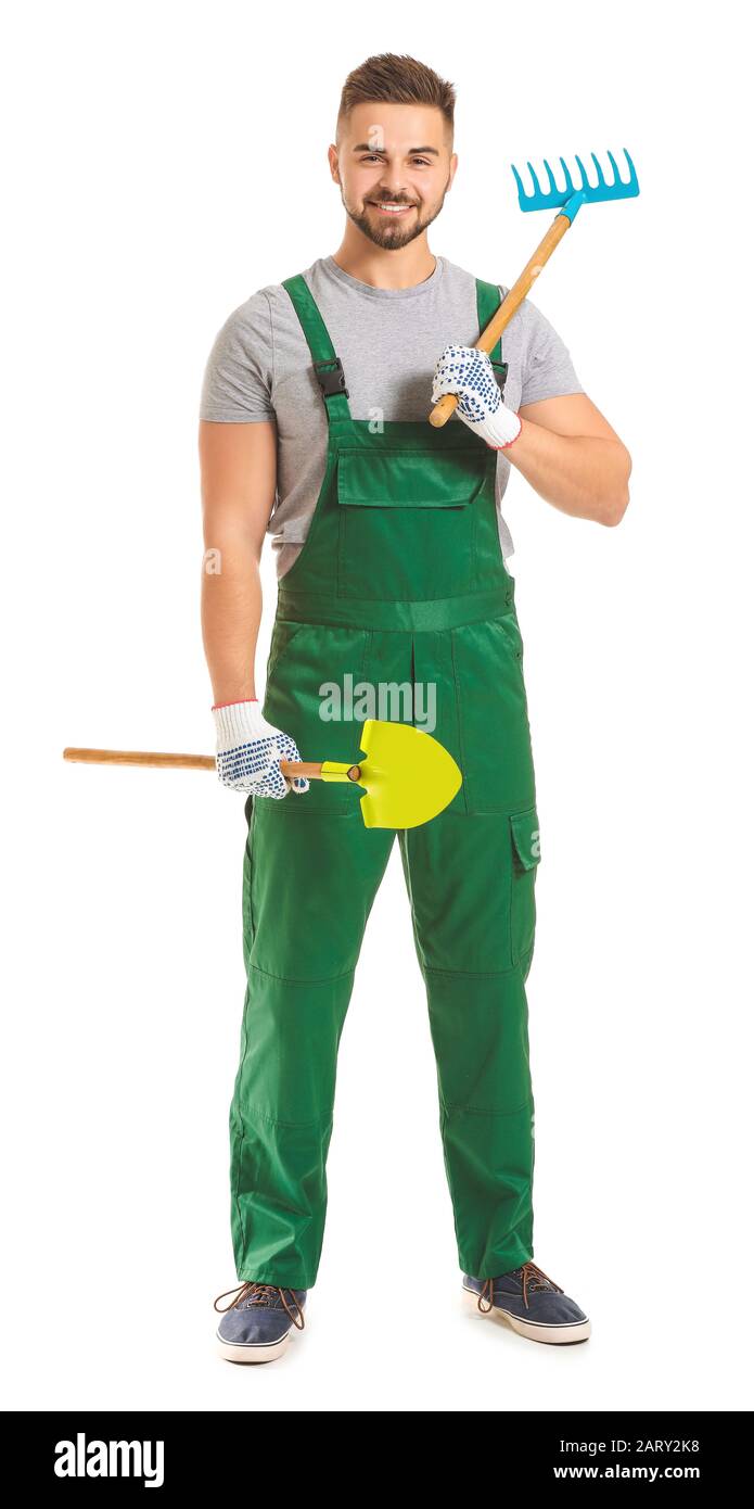 Handsome male gardener with tools on white background Stock Photo - Alamy