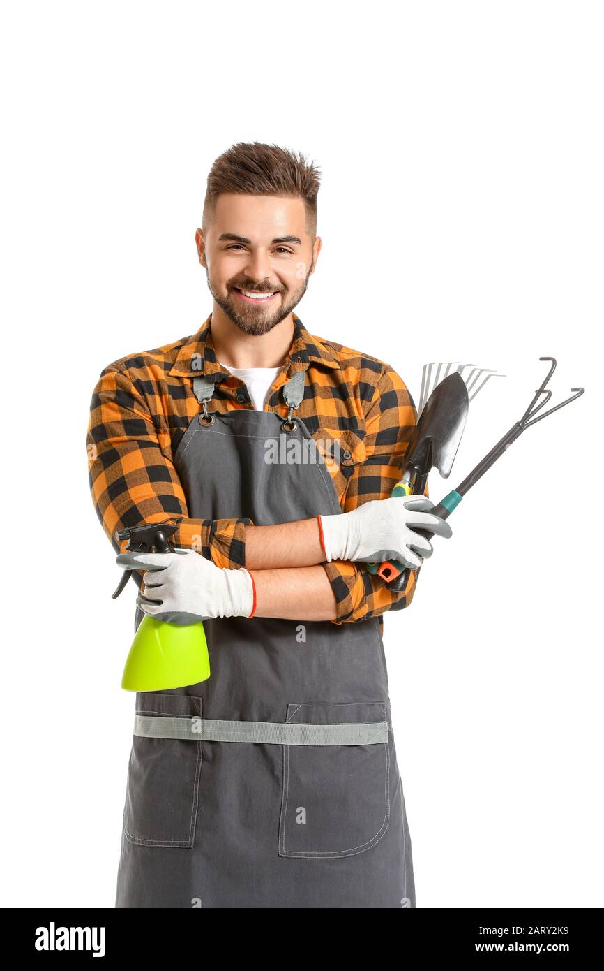 Handsome male gardener with tools on white background Stock Photo - Alamy