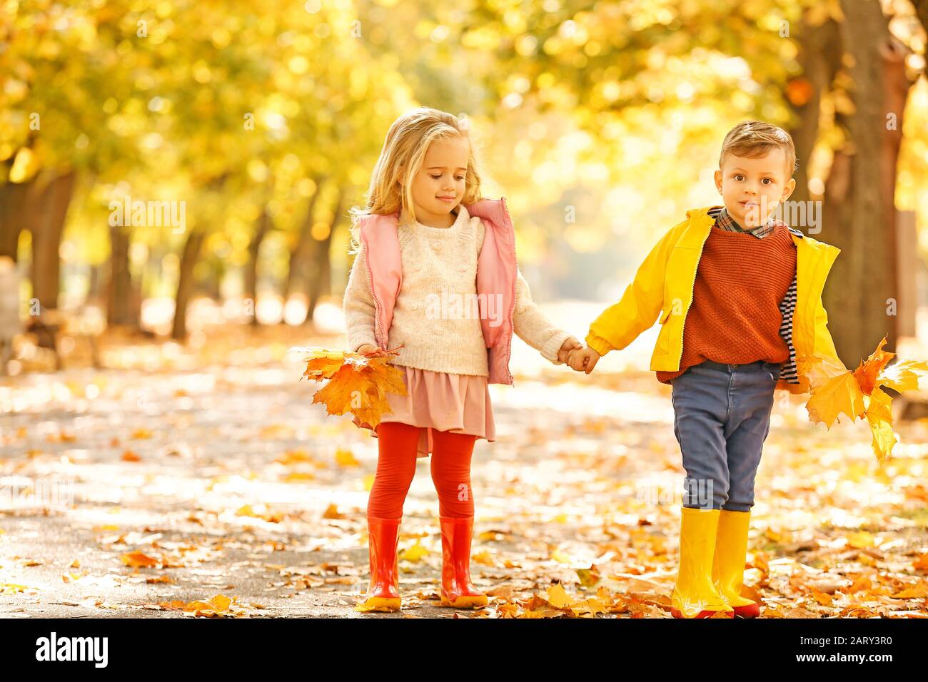 Cute little children with leaves in park on autumn day Stock Photo