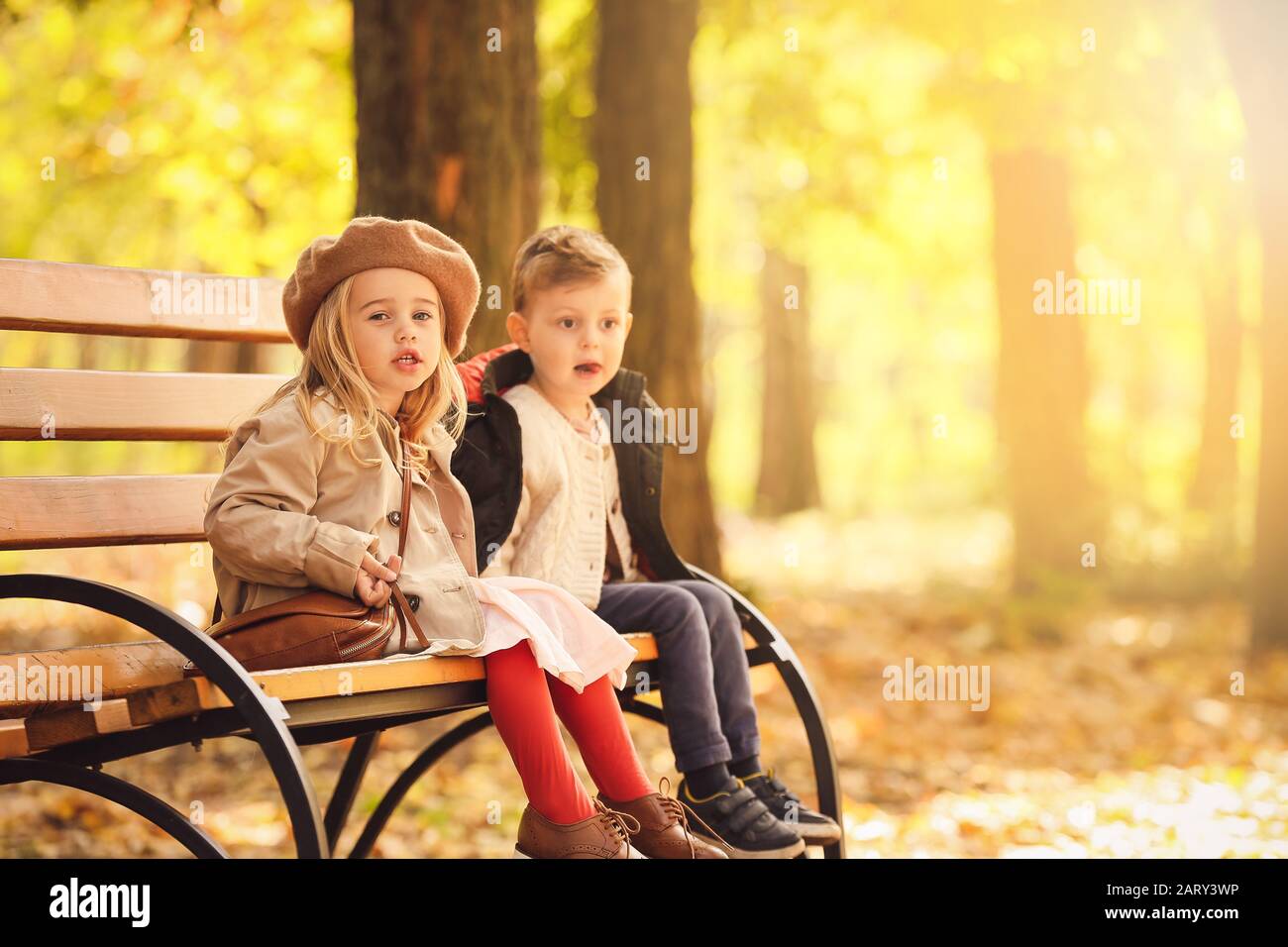 Cute little children sitting on bench in autumn park Stock Photo