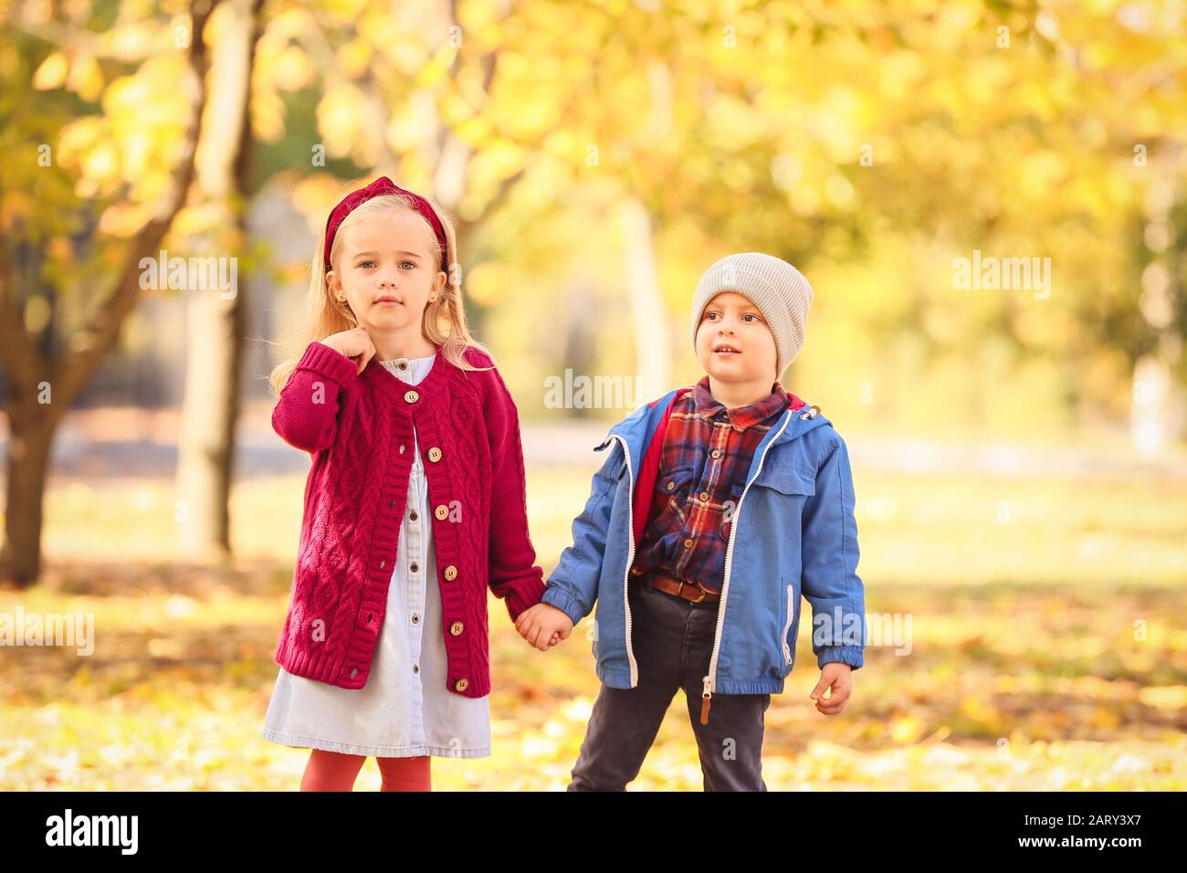 Cute little children in park on autumn day Stock Photo
