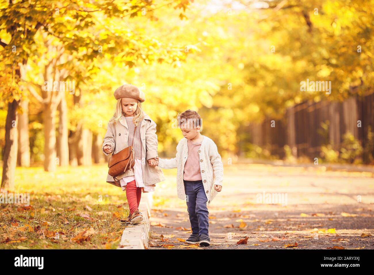 Cute little children walking in autumn park Stock Photo
